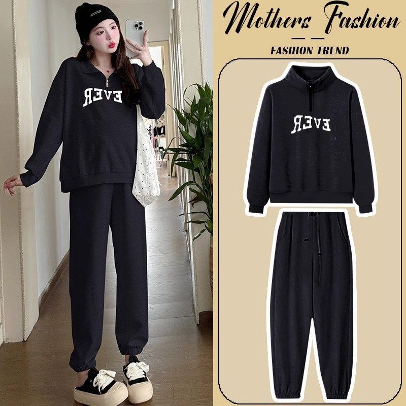 孕妇套装c春秋2024新款小个子运动字母翻领长袖卫衣休闲裤两件套
