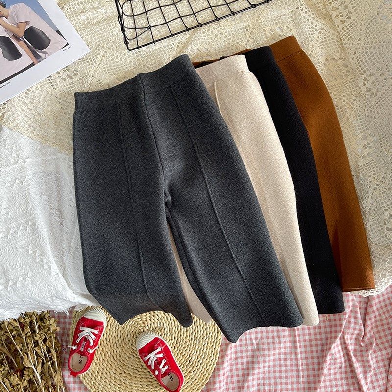 韩版秋冬季新款女童针织阔腿裤加厚毛线裤黑色九分裤直筒休闲裤