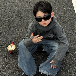 男童德绒连帽打底衫卫衣2024冬季双面绒保暖插手指内搭儿童上衣潮
