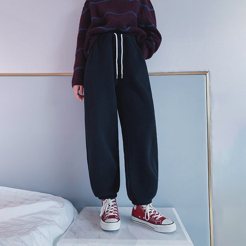 女大童运动裤2024秋冬新款初中生女孩加绒加厚保暖简约束脚休闲裤