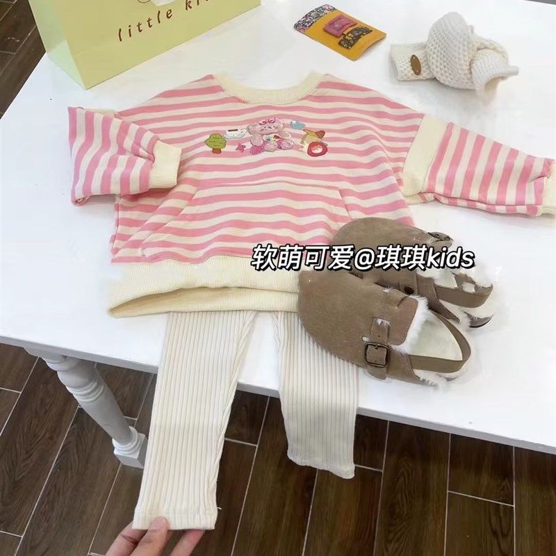 琪琪妈秋季韩系女童粉色条纹圆领纯棉宽松套头卫衣儿童长袖t恤