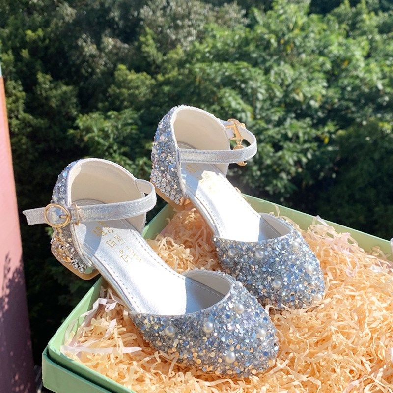 公主鞋女童配礼服亮晶晶银色夏季高跟儿童水晶鞋走秀演出钢琴鞋子