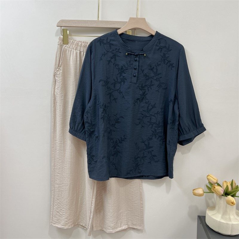 妈妈装春夏T恤五分袖时尚洋气阔腿裤两件套中老年女国风奶奶套装