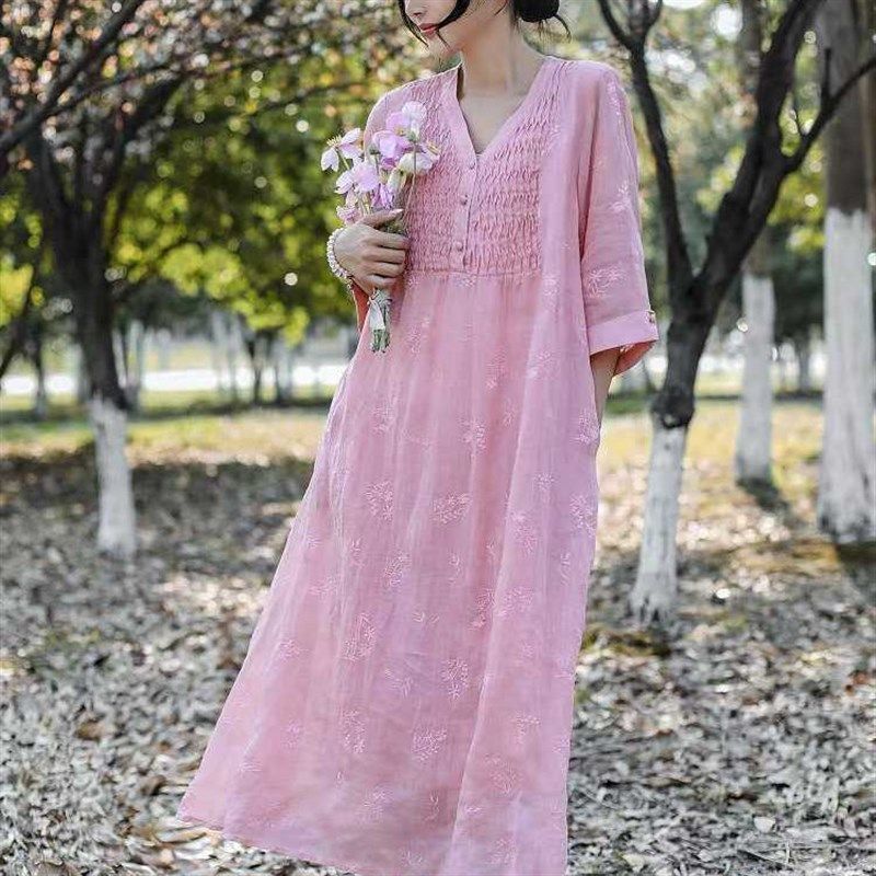 22290设计感压褶V领双层苎麻刺绣连衣裙宽松显瘦周身满绣过膝长裙,女装/女士精品,连衣裙,淘宝优惠券,粉丝福利购,淘宝优惠卷