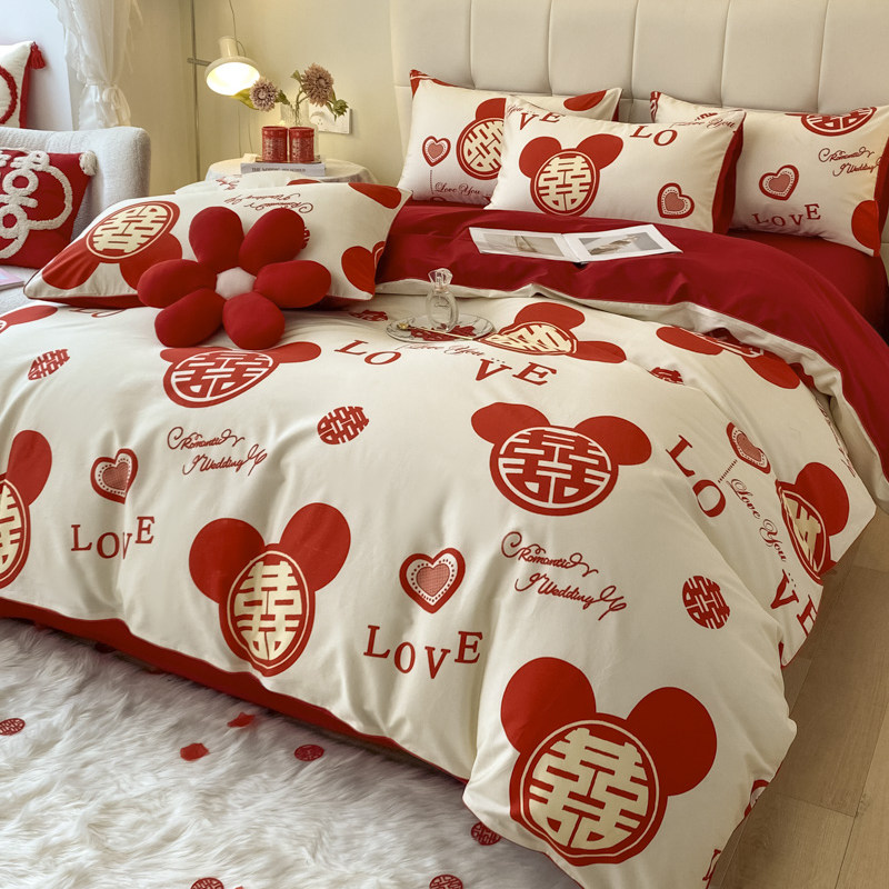 简约可爱结婚床单四件套红色被套高档喜J被新婚庆床上用品陪嫁婚