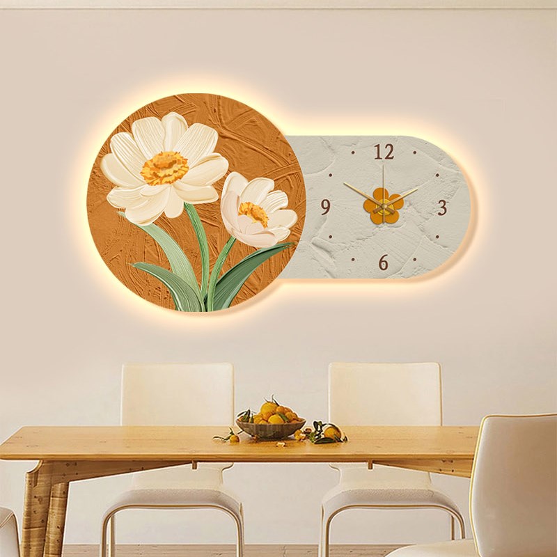 餐桌挂钟客厅2023款餐厅现代简约卧室装饰画钟表创意时钟挂墙壁灯