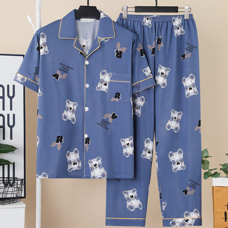 男士睡衣纯棉夏季薄款短袖长裤加肥加大码宽松开衫家居服夏天套装