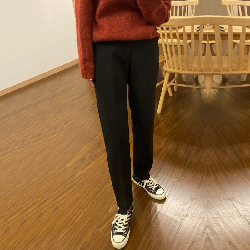 毛呢西装裤那女2021年秋冬季加厚高腰烟管裤口袋九分小个子哈伦裤