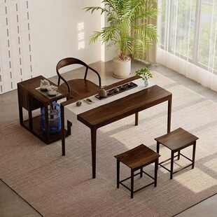 新中式 实木茶桌椅组合阳台茶桌小户型家用禅意茶台黑胡桃木定制