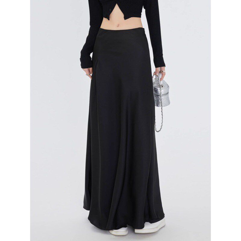 法式白色醋酸缎面半身裙女春夏新款中长A字裙高腰垂坠感气质长裙