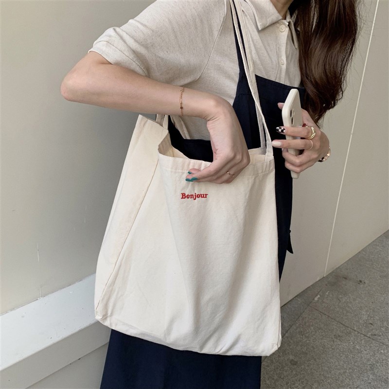 夏季百搭刺绣法式极简字母大容量环保帆布包袋北欧小众女包单肩包
