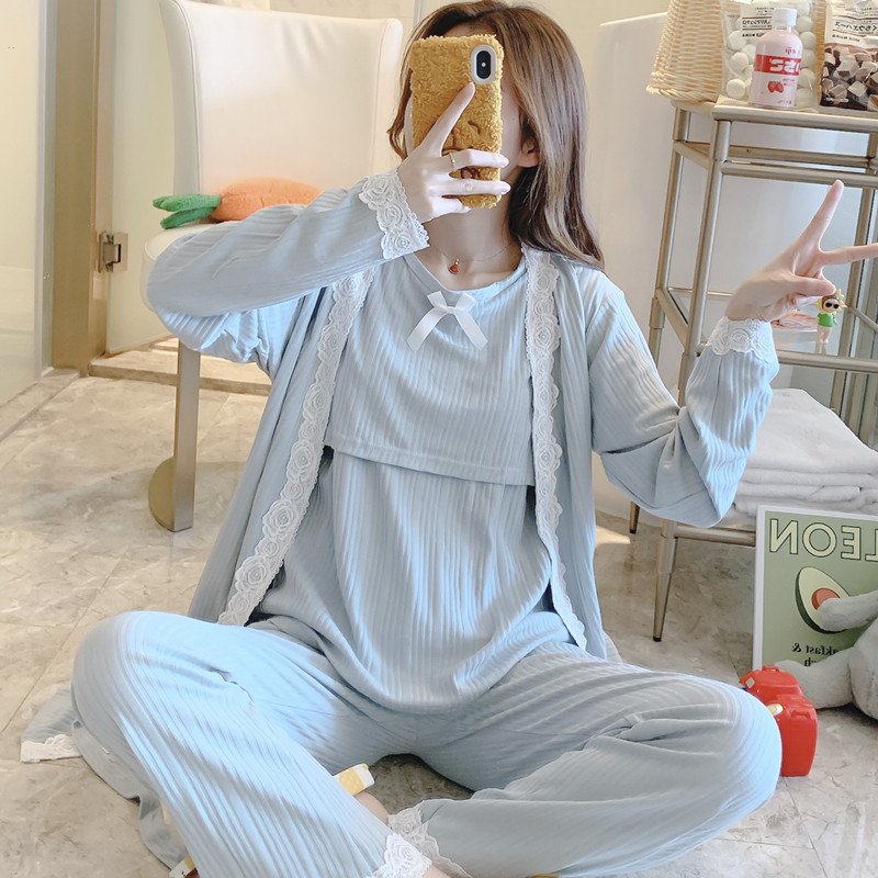 月子服夏季薄款纯棉产后哺乳产妇喂奶衣春秋三件套8月份9孕妇睡衣