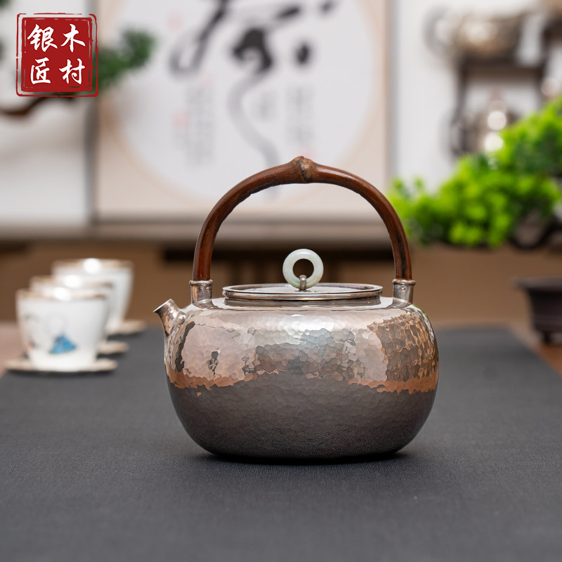 一张打紫皮银壶纯银999烧水壶 日式鸡血藤纯手工银茶Y壶泡茶煮茶