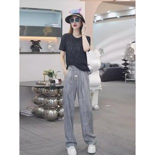 两件套装 网红炸街今年流行显瘦t恤冰丝阔腿裤 搭配一整套时尚 夏装