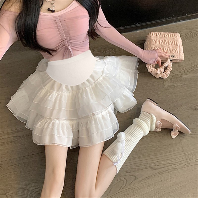 孕妇装半身裙夏装双层蕾丝蛋糕短裙芭蕾风网纱蓬蓬裙托腹Aa字短裙