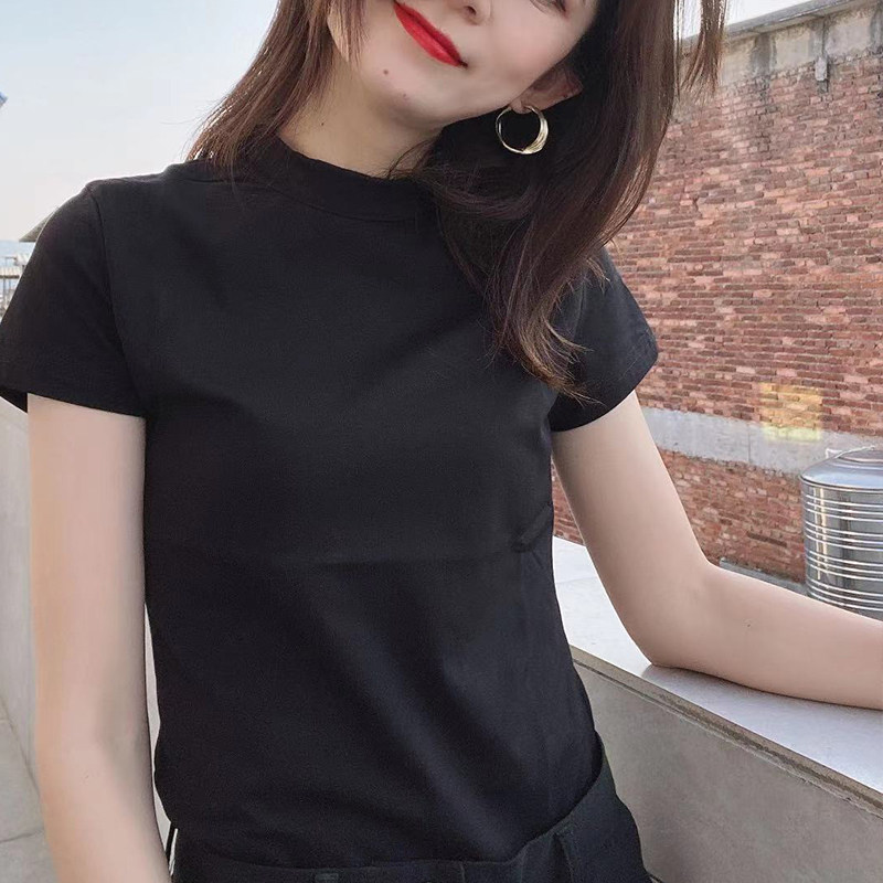 半高领短袖白色t恤女修身纯棉紧身体恤2021年新款打底黑色上衣