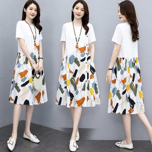 胖mm大码连衣裙女夏季新款印花拼接宽松遮肚子藏肉显瘦薄款A字裙