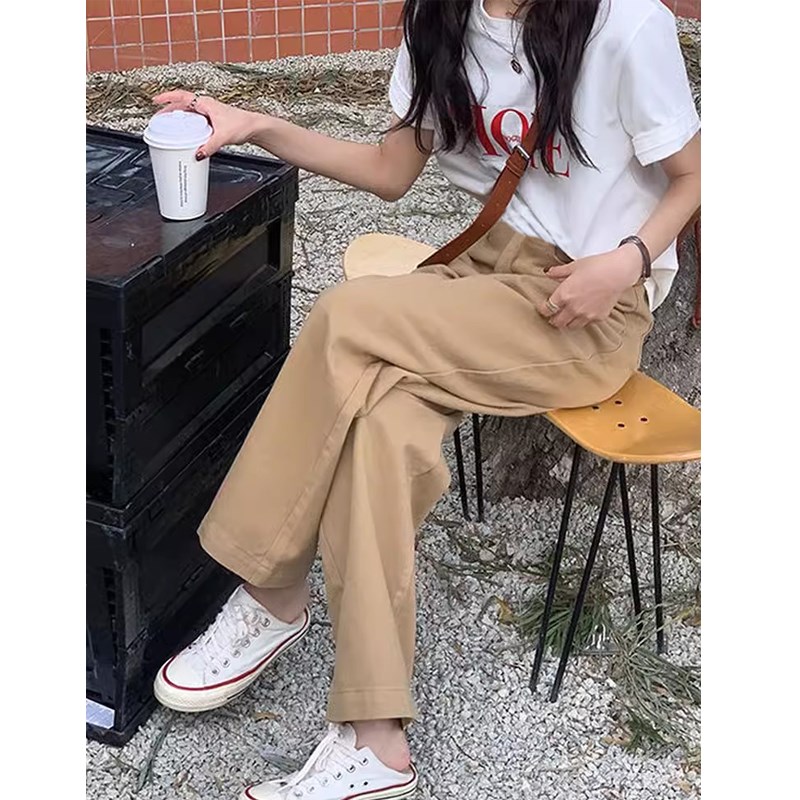 孕妇裤春秋外穿宽松时尚卡其色工装直筒阔腿裤牛仔棉托腹休闲长裤