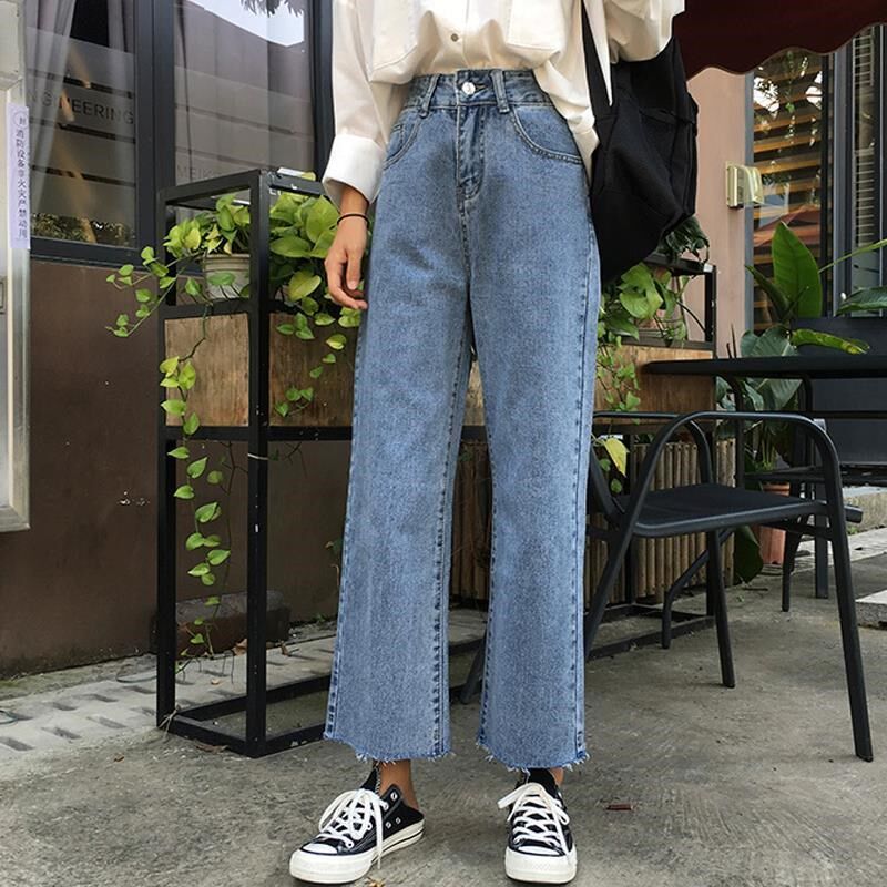 高腰直筒牛仔裤女春秋新款大码胖MM小个子宽松显瘦垂感九分阔腿裤