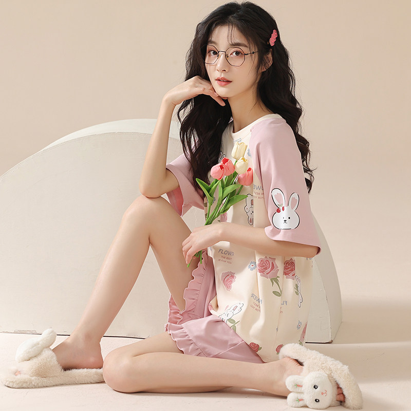 睡衣女款夏天纯棉短袖大码学生可外穿春秋夏季家居服女士两件套装