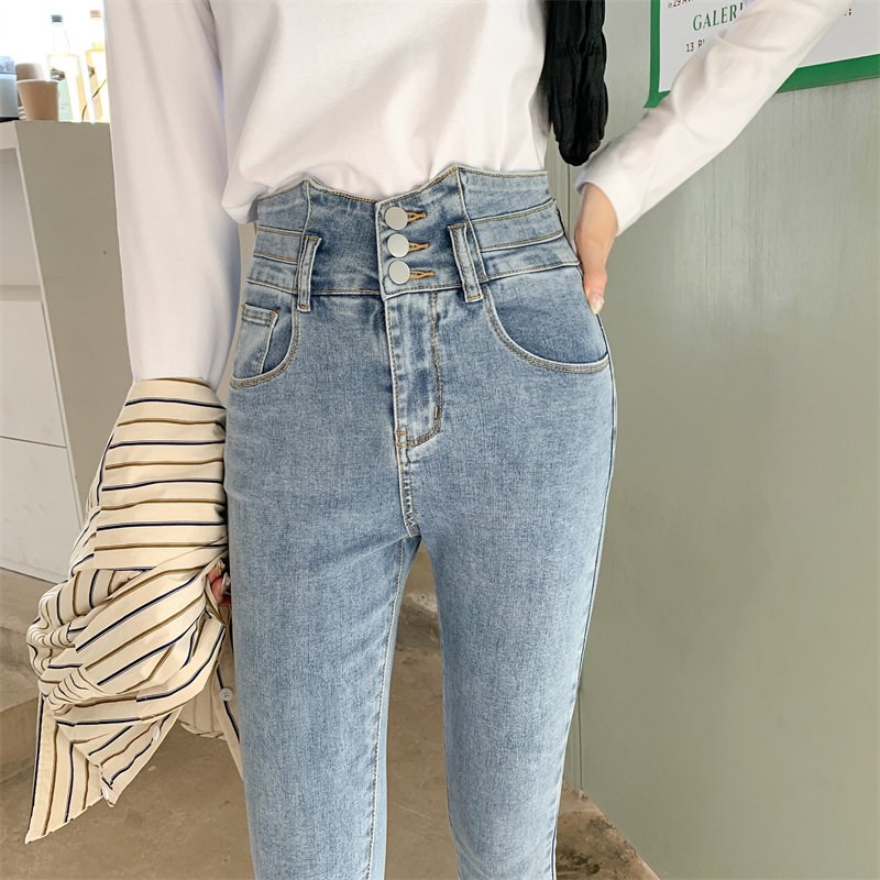 浅色烟管裤修身铅笔裤弹力紧身高腰牛仔裤女2025初秋新款秋装显瘦
