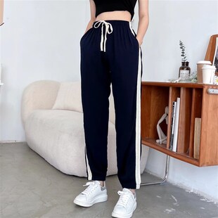 夏季 哈伦萝卜裤 韩版 长裤 子女2023年 人造棉宽松薄款 黑色棉绸休闲裤