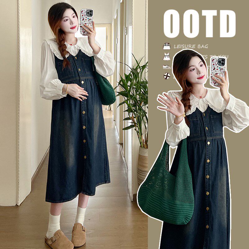 孕妇春装2024新款大码连衣裙春秋季牛仔裙子上衣时尚套装洋气时髦