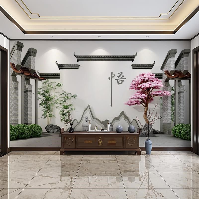 中式火锅店背景墙墙纸苏州园林徽派壁画江南水乡饭店包厢墙布壁纸