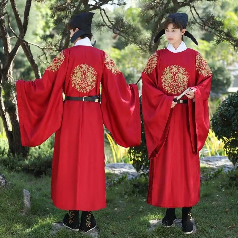 汉服男婚服圆领长袍唐制宋制明制春秋酒红M色唐朝官服主持人中国