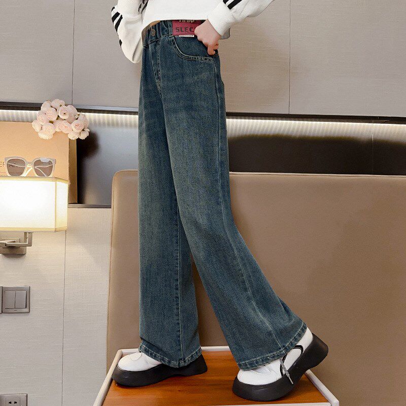 女大童秋冬牛仔阔腿裤2024新款洋气女孩加绒直筒裤初中生秋装长裤