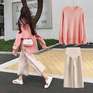孕妇秋冬毛衣套装托腹阔腿裤长袖卫衣两件套针织衫连衣裙孕期上衣