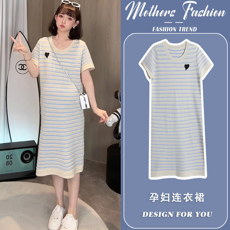 孕妇套装夏季2024新款时尚镂空宽松显瘦蓝色条纹薄款短袖中长款女