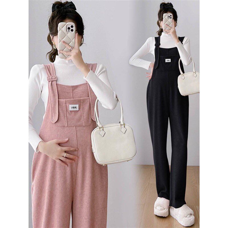 孕妇背带裤套装2024新款秋冬季孕妇裤子春秋款阔腿大码孕妇装春装