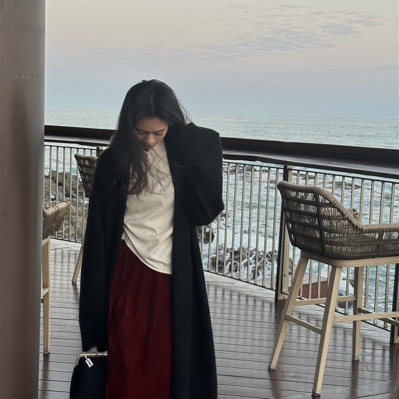 喵吉复古韩版气质长袖披风外套超长款宽松外搭黑色针织开衫女春秋
