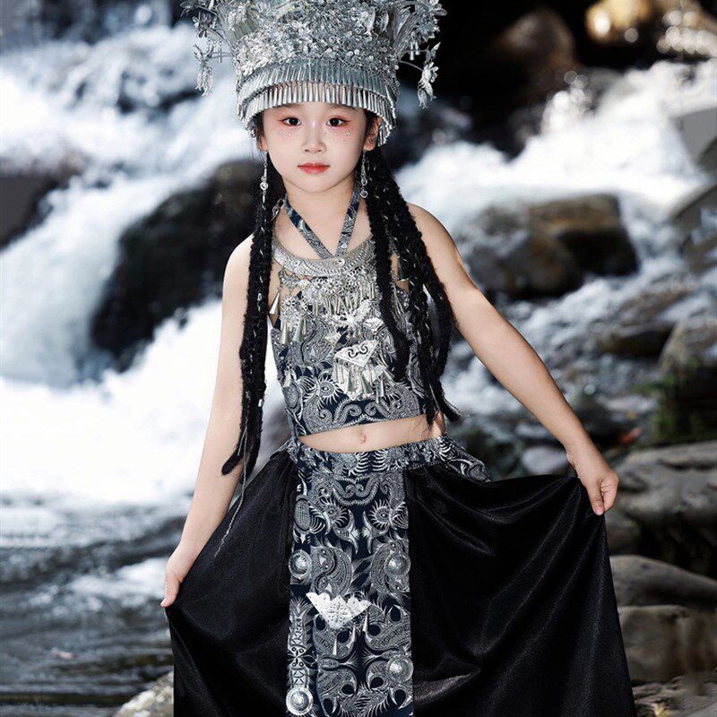 女童苗族服装个性特色舞台演出服苗族公主蜡染套装民族风儿童摄影