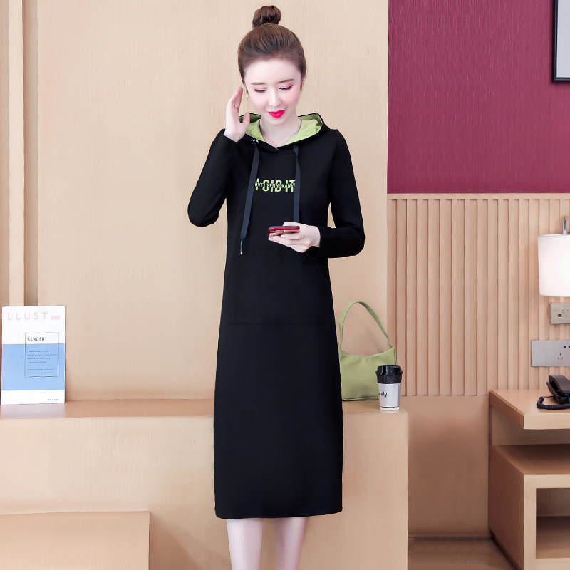 卫衣女春秋2022新款韩版宽松大码刺绣洋气带帽过膝中长款连衣裙潮