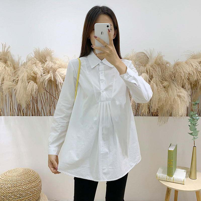 孕妇衬衣春秋季新款长袖纯棉百搭职业装韩版大码宽松白色工作衬衫