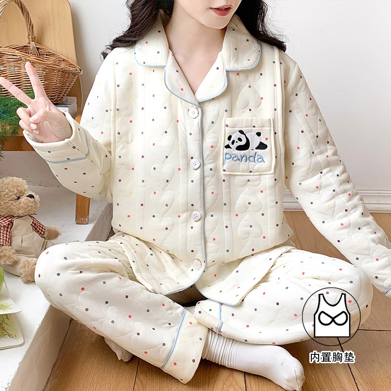 空气棉月子服秋冬季产后纯棉带胸垫孕妇哺乳睡衣加厚保暖喂奶套装