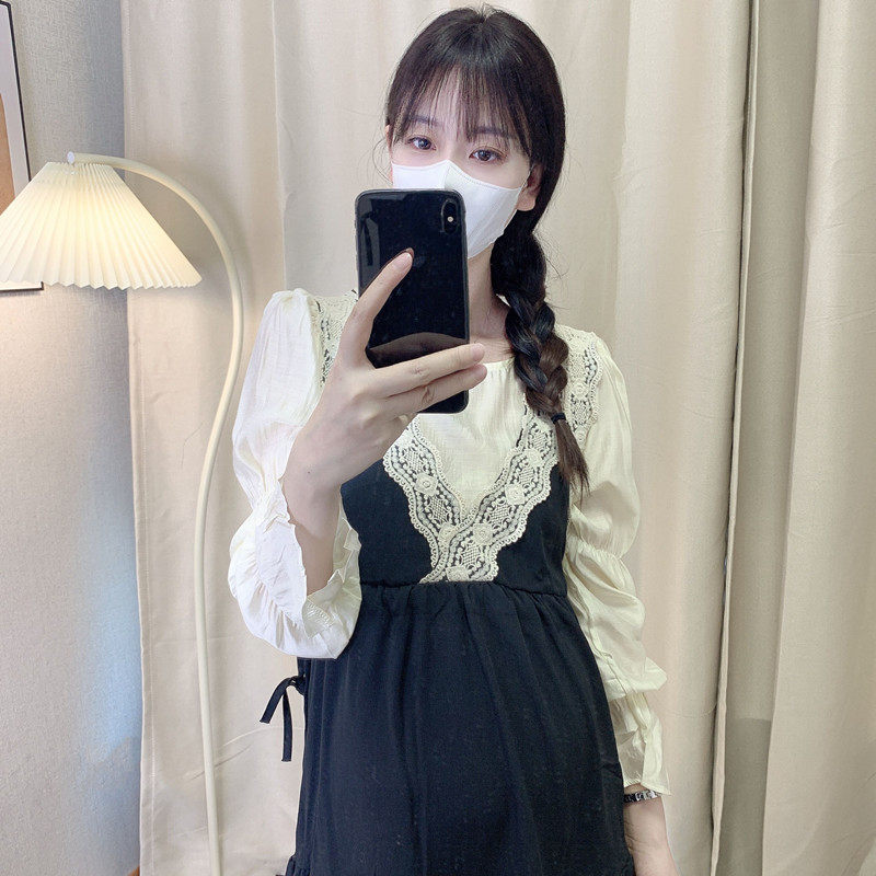 子妤自制秋季新款圆领黑白蕾丝抽绳调节长袖宽松假两件孕妇洋装