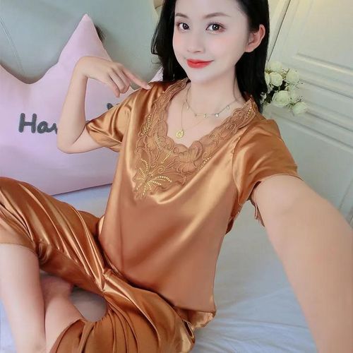 大码丝绸睡衣女夏季薄款冰丝短袖九分裤睡衣女春秋长袖长裤两件套