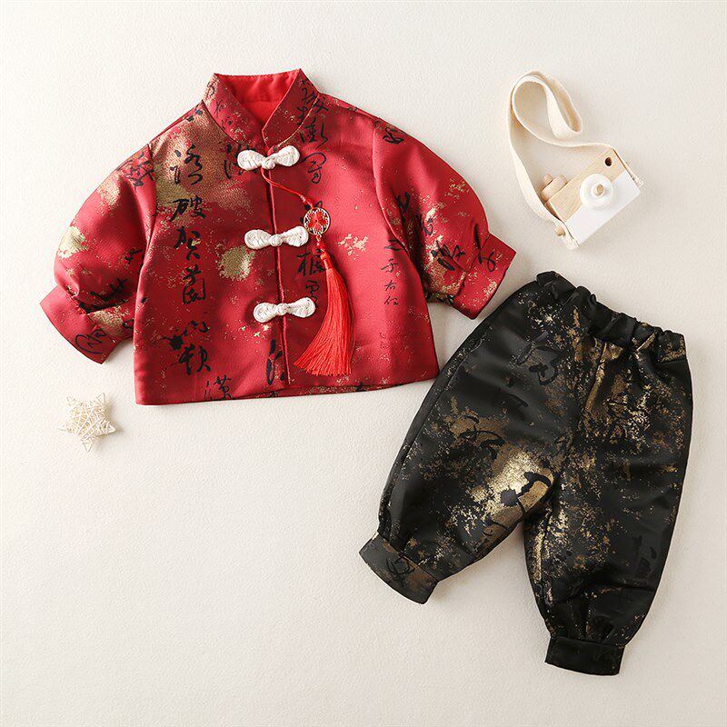 周岁礼服男宝宝一周岁过年喜庆生日抓周冠衣红色中国风拜年服