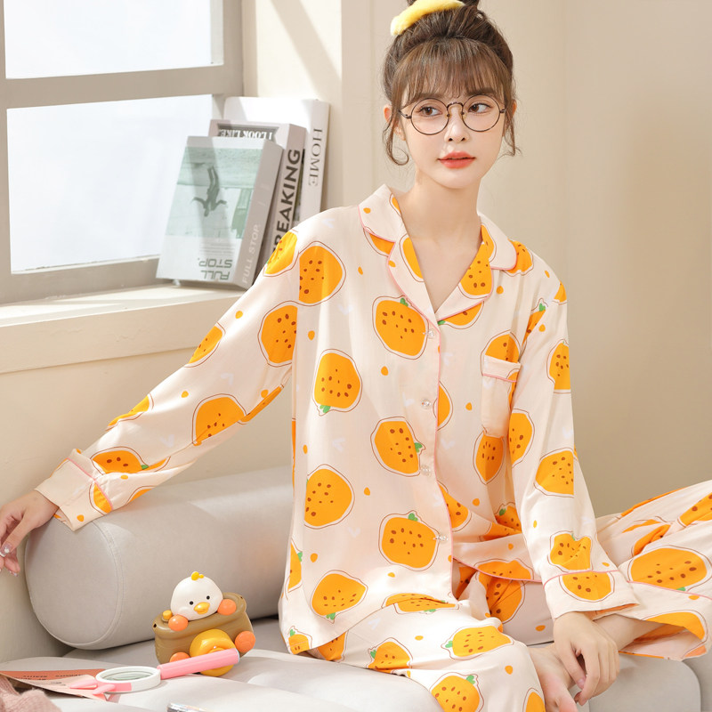 2022年秋季新款女士可爱动物翻领睡衣棉绸长袖套装人造棉家居服