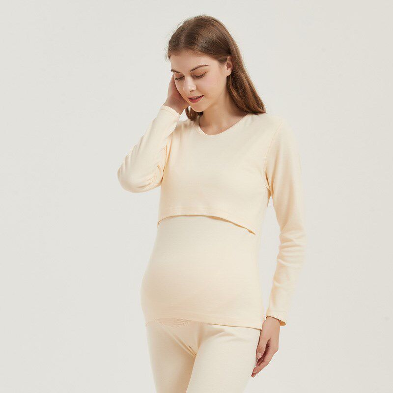 孕妇纯棉中厚哺乳秋衣秋裤套装怀孕期全棉月子春秋冬季喂奶上衣