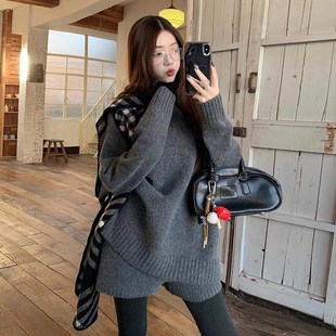 慵懒风孕妇套装灰色宽松长袖毛衣针织衫冬季高腰短裤休闲 裤