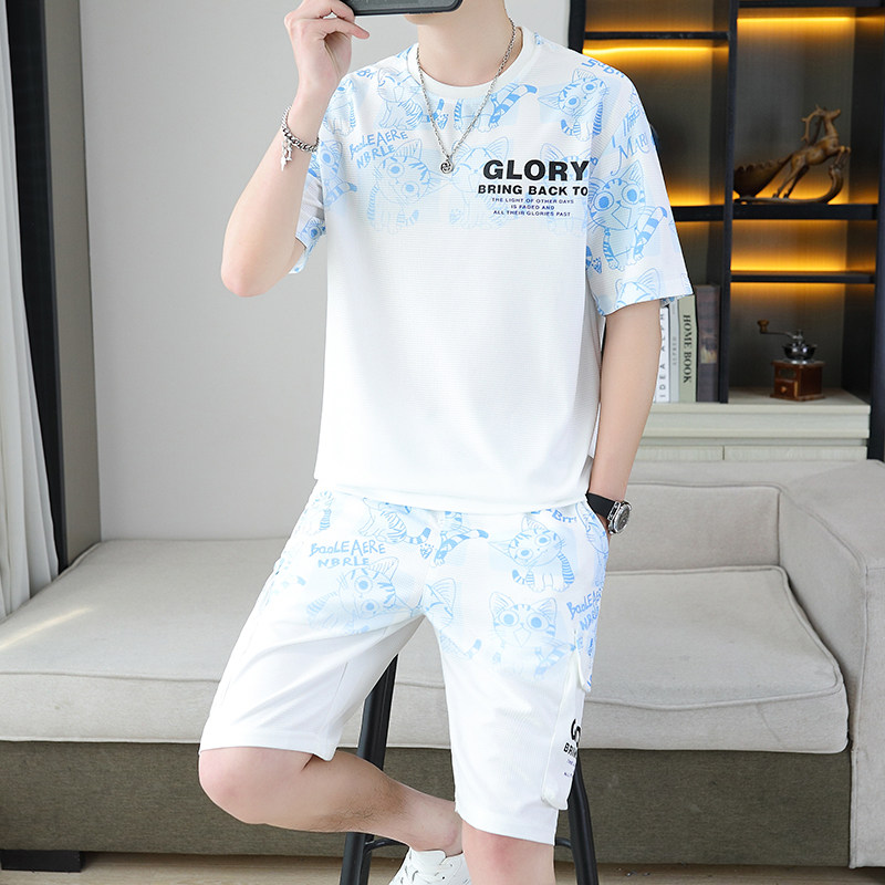 2024夏季新款短袖套装男青少年百搭短裤休闲运动两件套渐变色男装