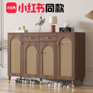 新款实木鞋柜家用门口室内高端入户玄关柜一体藤编大容量多层柜子