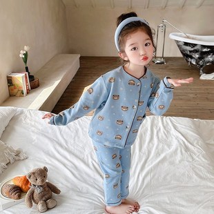空调家居服 宝宝长袖 2024儿童春秋磨毛睡衣男女童圆领纯棉开衫 套装