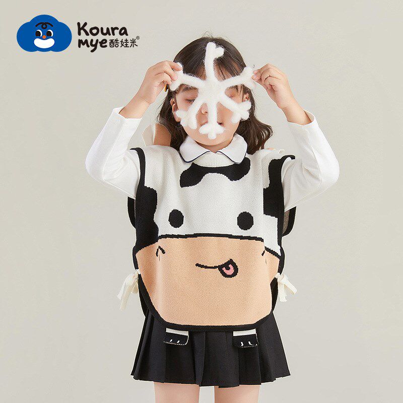 2024儿童针织背心秋冬男童圆领双层马甲韩版卡通护肚纯棉a类毛衣