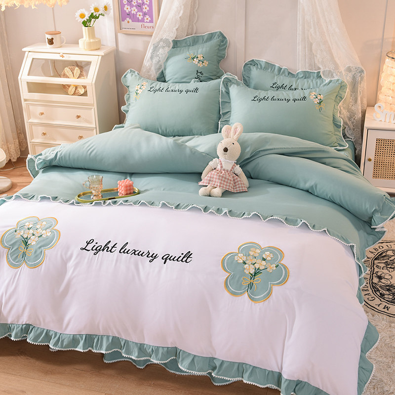 网红纯棉全棉四件套床裙式床单被套公主风刺绣床上被罩厚床笠少女,居家布艺,湘绣,淘宝优惠券,粉丝福利购,淘宝优惠卷