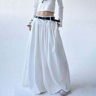 2024新款法式赫本风休闲气质宽松腰封白色A字半身拖地长裙伞裙女